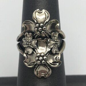 Vintage Beau Sterling Silver Dogwood Flowers Large Ring 3D Adjustable Size